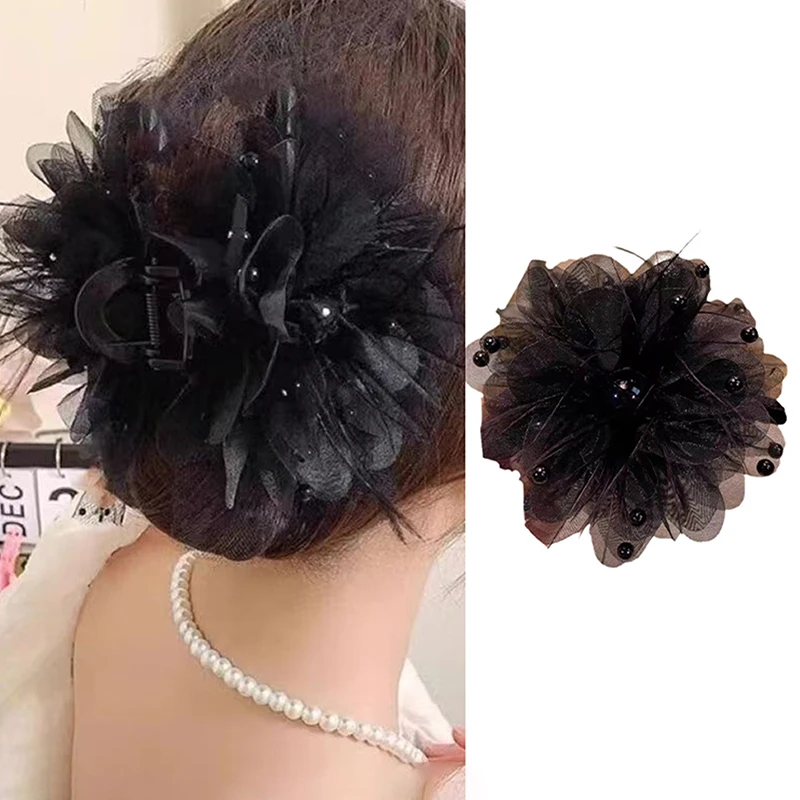 Feather Grip Clip High Value Light Luxury Hair Accessories Organza Pearl Temperament Back Of The Head Plate Hair Shark Clip