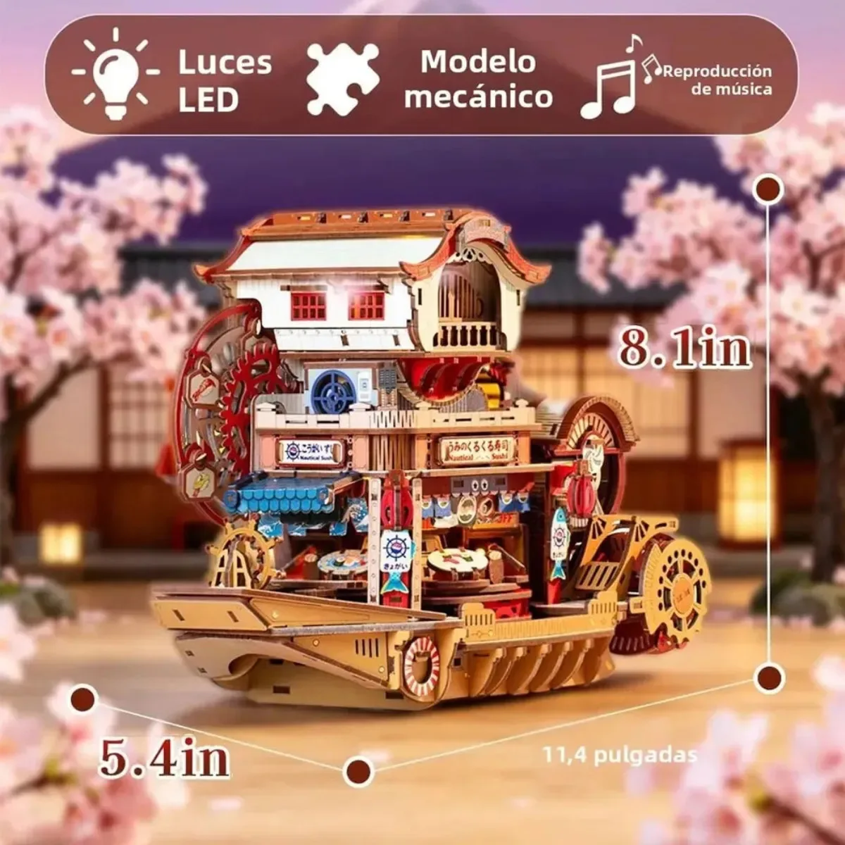 DIY Wooden Model Kit Music Box 3D Mechanical Puzzle with LED Light Miniature House Japanese Style Craft Gift Home Decor