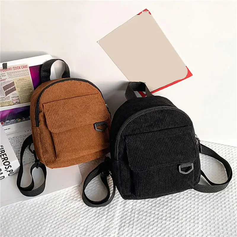 Embroidered Mini Corduroy Bag Simple Solid‑Color Girls Small Backpack Outdoor Travel Ladies Fashion Backpack