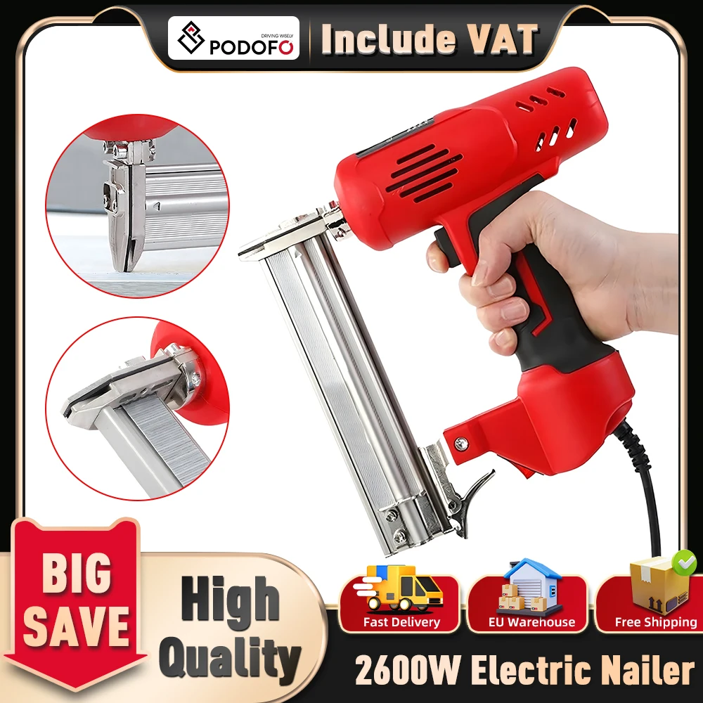 Podofo 2600W Elektrische Nagelpistole Holzrahmen-Heftgerät DIY Möbelbau Nagelwerkzeug Tischlerei Holzbearbeitung Aluminiumlegierung Nagelwerkzeug