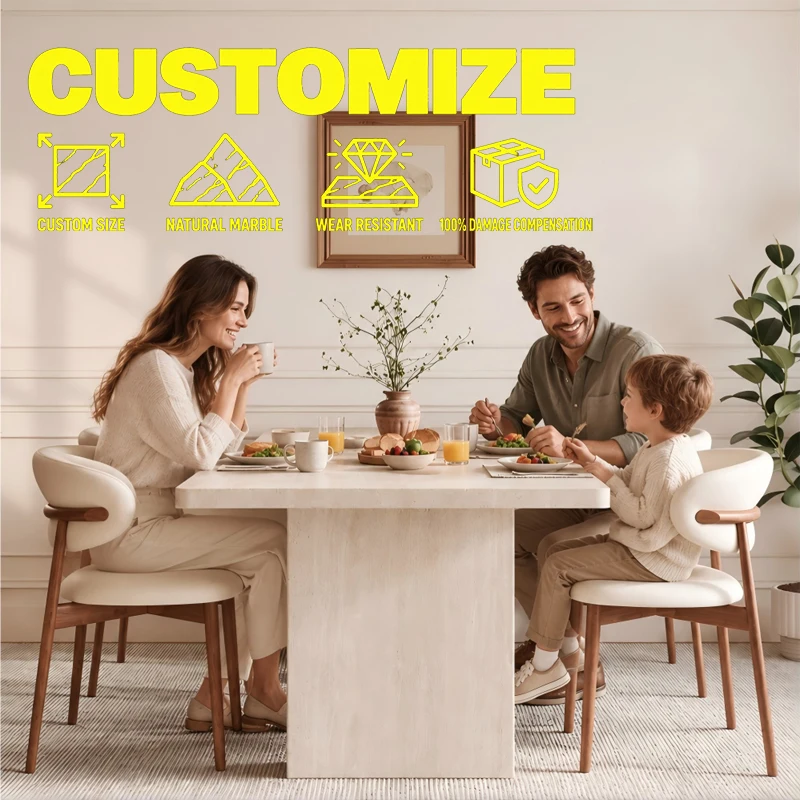 Any Size Custom Mid Century Retro Travertine Dining Set Solid Wood Upholstered Chairs Stable Load Family Home Dining Furniture