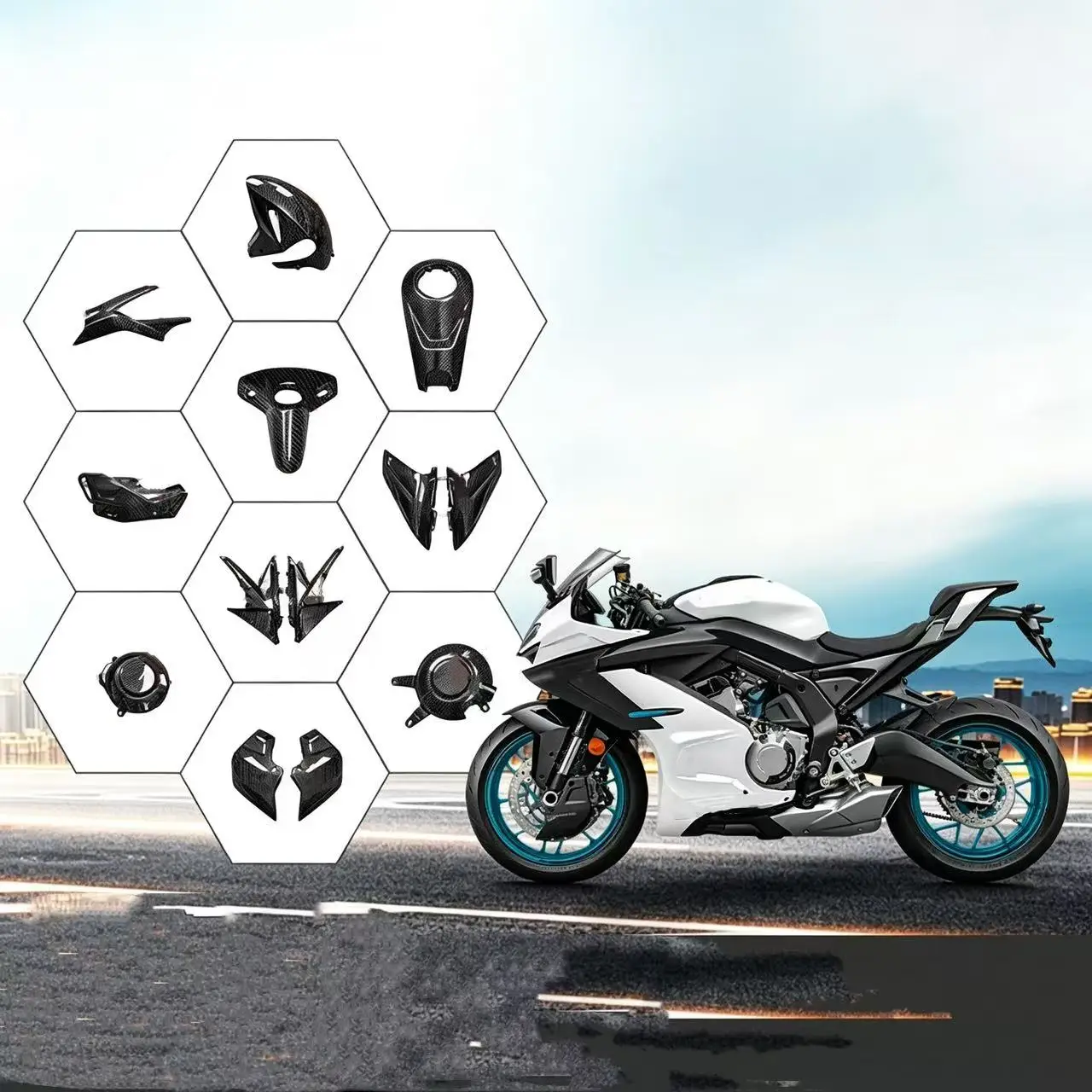Passend für CFMOTO 675SR-R Carbon-Faser-Modifikationszubehör Vorderer und Hinterer Kotflügel Diffusor-Abdeckung Trockenes Carbon