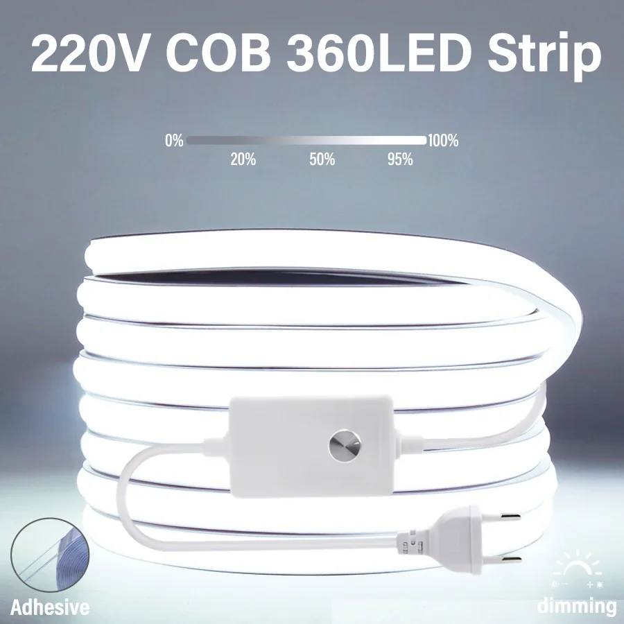 220V 360 LEDs/m EU Plug COB LED Strip Light RA90 Flexible LED Streifen Outdoor Lamp Waterproof Tape Kitchen Home Room Decoration