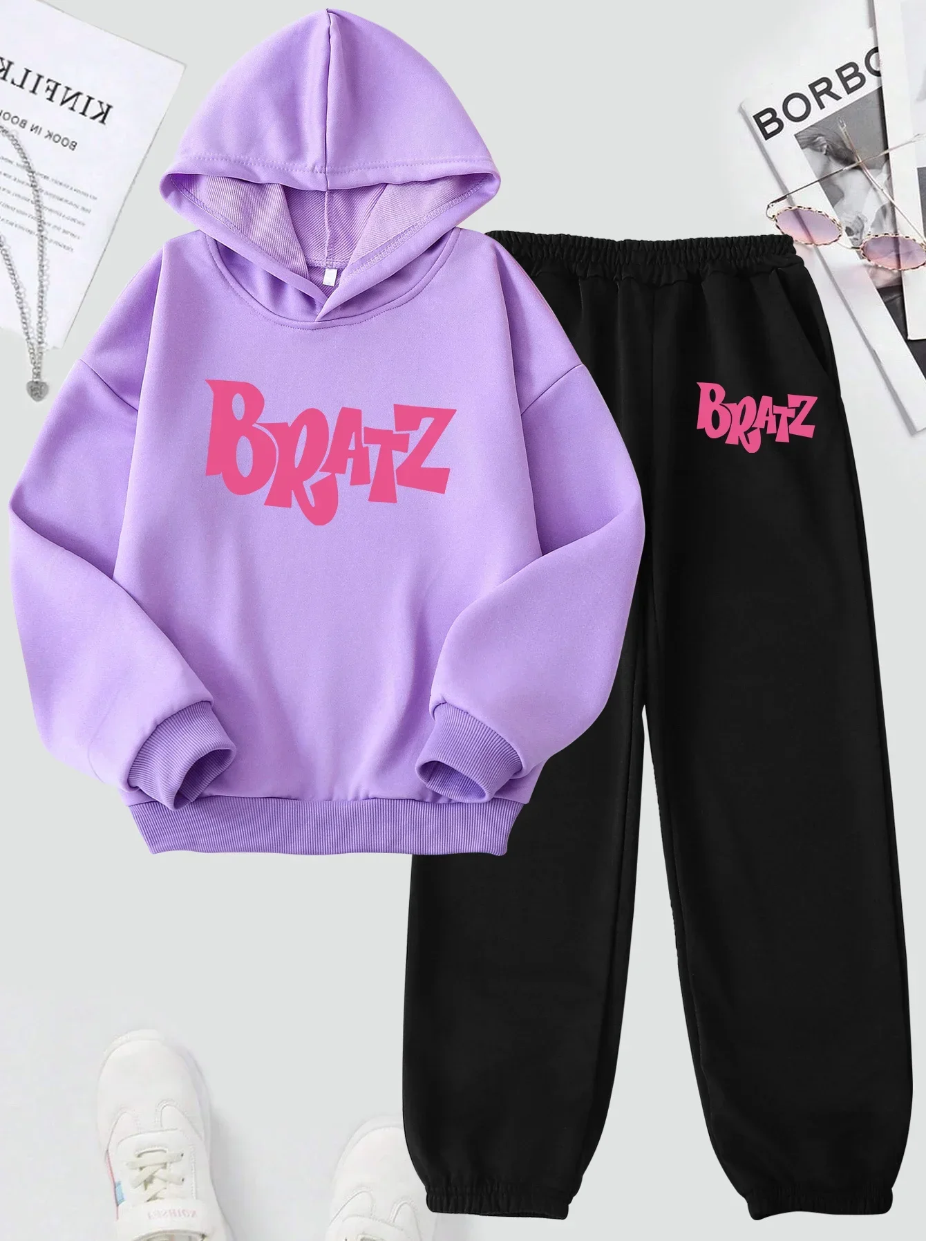 Letter BRATZ Print Children\'s Sets Hoodies Pant Loose Two Piece Daily Fashion Autumn Winter Clothes Comfortable Long Sleeve Tops