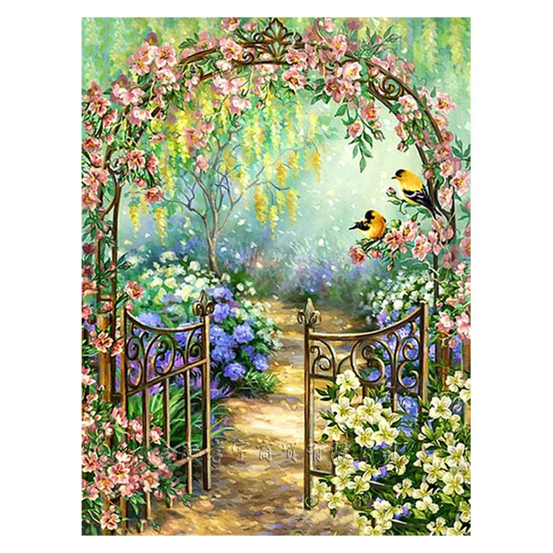 30x40cm With White Frame 5D Full Round Drill Diamond Painting Kit Mediterranean Courtyard Palm Tree Pond Water Lily Ancient Buil
