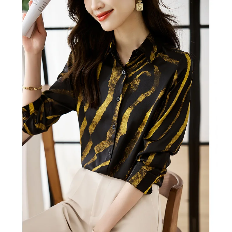 Women Clothes Golden Striped Printed Shirts Office Lady Vintage Fashion Elegant Blouses Spring Long Sleeve Top Tunics