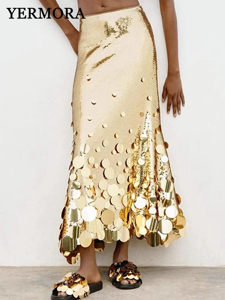 YERMORA High Waist Golden Spliced Sequins Elegant Half Body Skirt For Women Loose Party Fashion Tide Spring Summer 2025 New