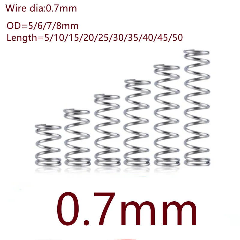 Stainless Steel Compression Spring 0.7mm 0.7x5/6/7/8/9/10/11/12*L Length 10-50mm 10pcs-20pcs/lot