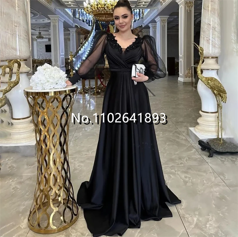 Elegant Black Lace Formal Evening Dresses Pleated V-Neck Puff Sleeves A-Line Prom Dress Floor Length Occasional Party Gowns 2023