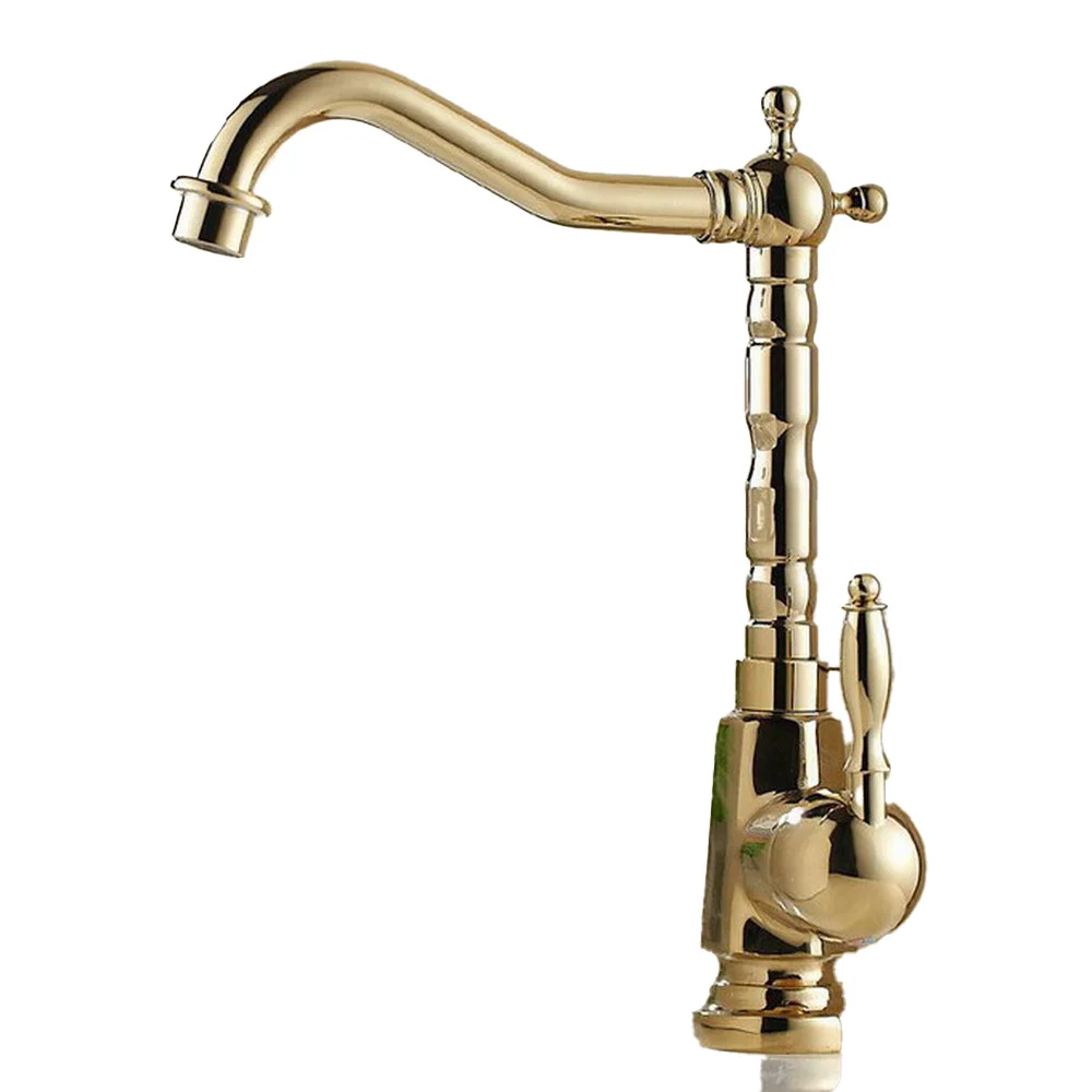 Polished Gold Color Brass Single Handle Kitchen Bathroom Basin Sink Swivel Spout Faucet Hot Cold Mixer Water Tap agf056