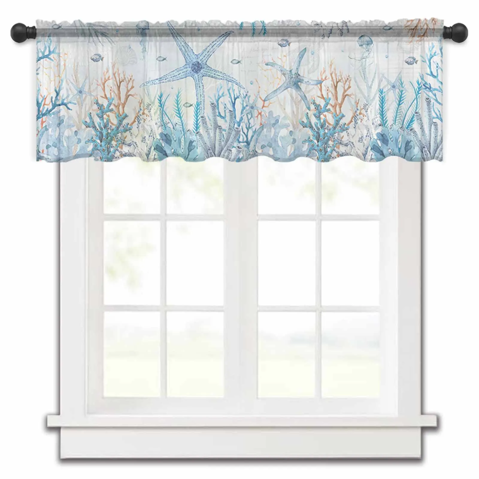 Summer Ocean Coral Starfish Turtle Jellyfish Blue Kitchen Sheer Curtains Tulle Small Curtain Living Room Voile Drapes Home Decor