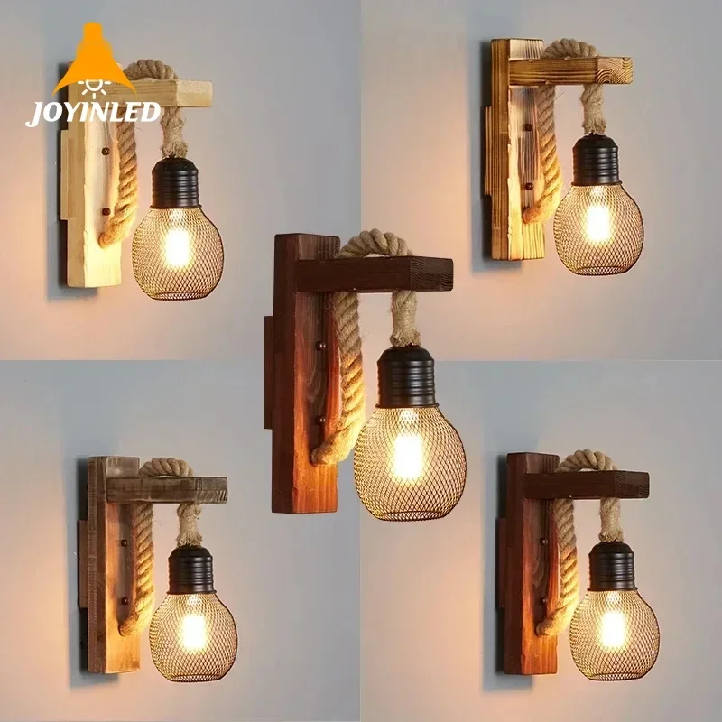 

American Room Decor Lighting Wooden E27 Lighting Fixture Vintage Wood Hemp Rope Wall Lamps Retro Bedside Loft Light Industrial