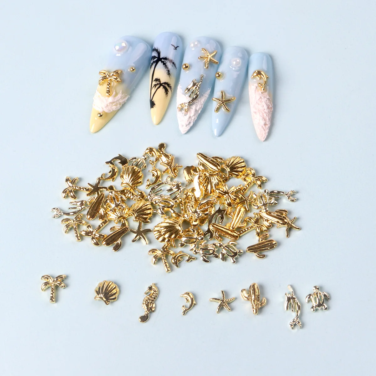 50PCS Mixed 3D Gold Summer Ocean Shell Starfish Metal Manicure Nail Decoration Mermaid Coconut Tree Nails Art Charms