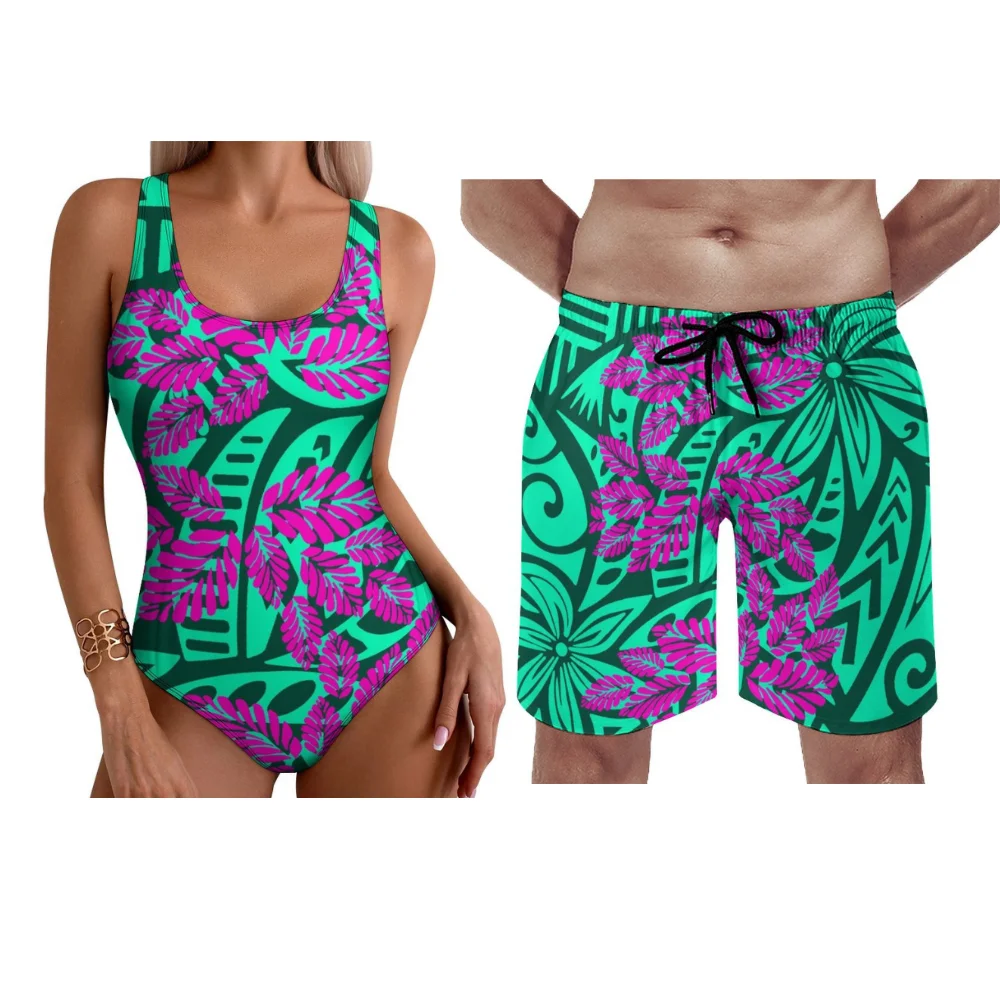 Polynesische aanpasbare dames bikini heren zwemshorts Plumeria print Hawaii stijl 2025, nieuwjaarsstrandset