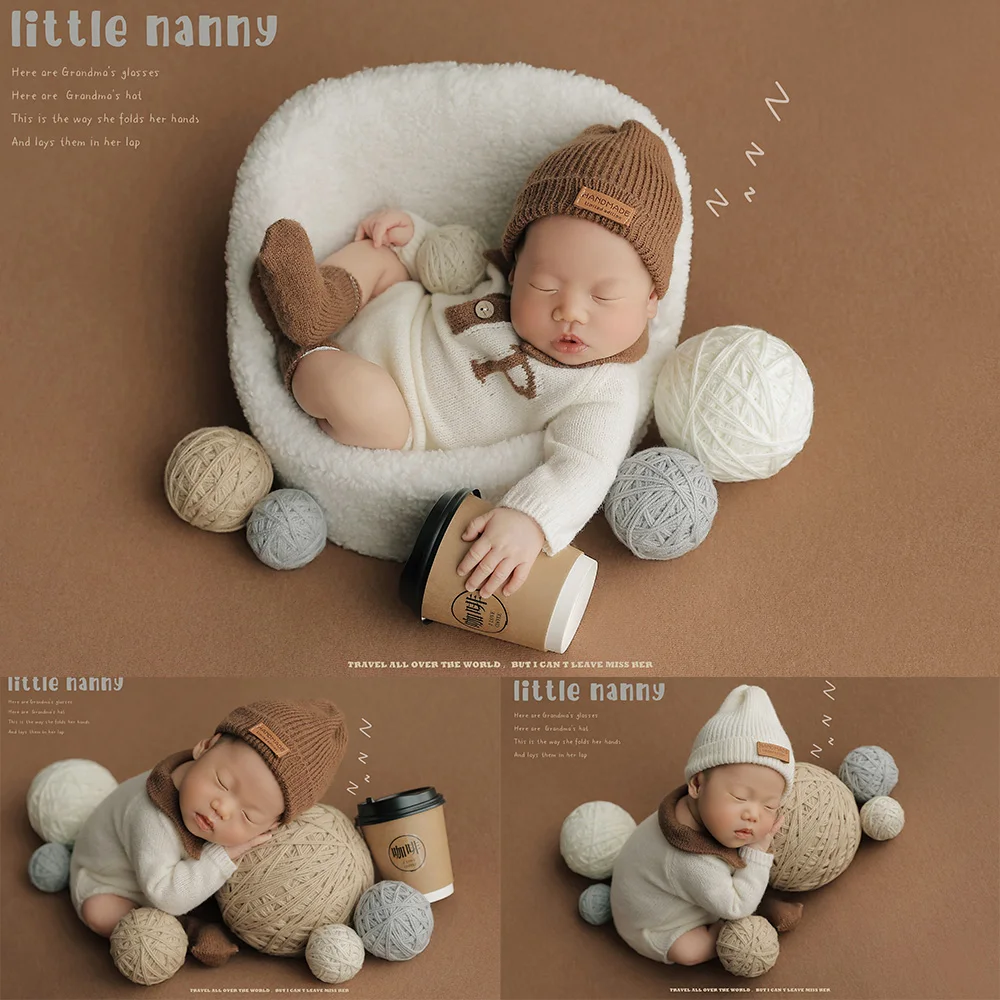 Newborn Photography Outfits Knitted Long-Sleeved Jumpsuit+Hat+Socks Photo Clothing Coffee Cup Baby Studio Photo Decoration Props