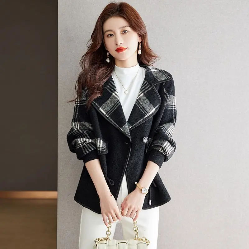 High-end Faux Tweed Jacket Women Spring Autumn Short Coat Korean Fashion Tops Long Sleeve Lace-up Office Ladies Outerwear Trend