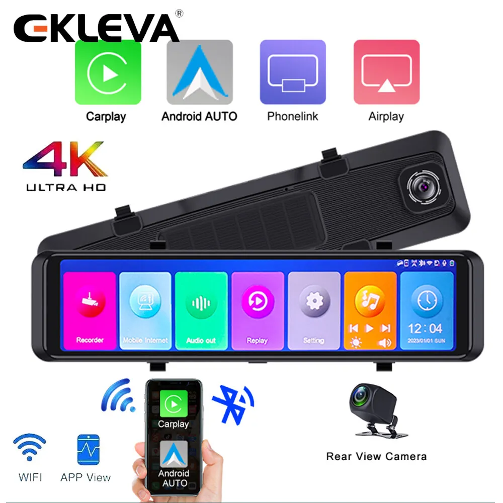 

EKLEVA 4K Carplay Dash Cam Car Android Avto Dvr 12 Inch Mirror Car Recorder Video Recorder 3840P Car Black Box Dual Lens Car Dvr