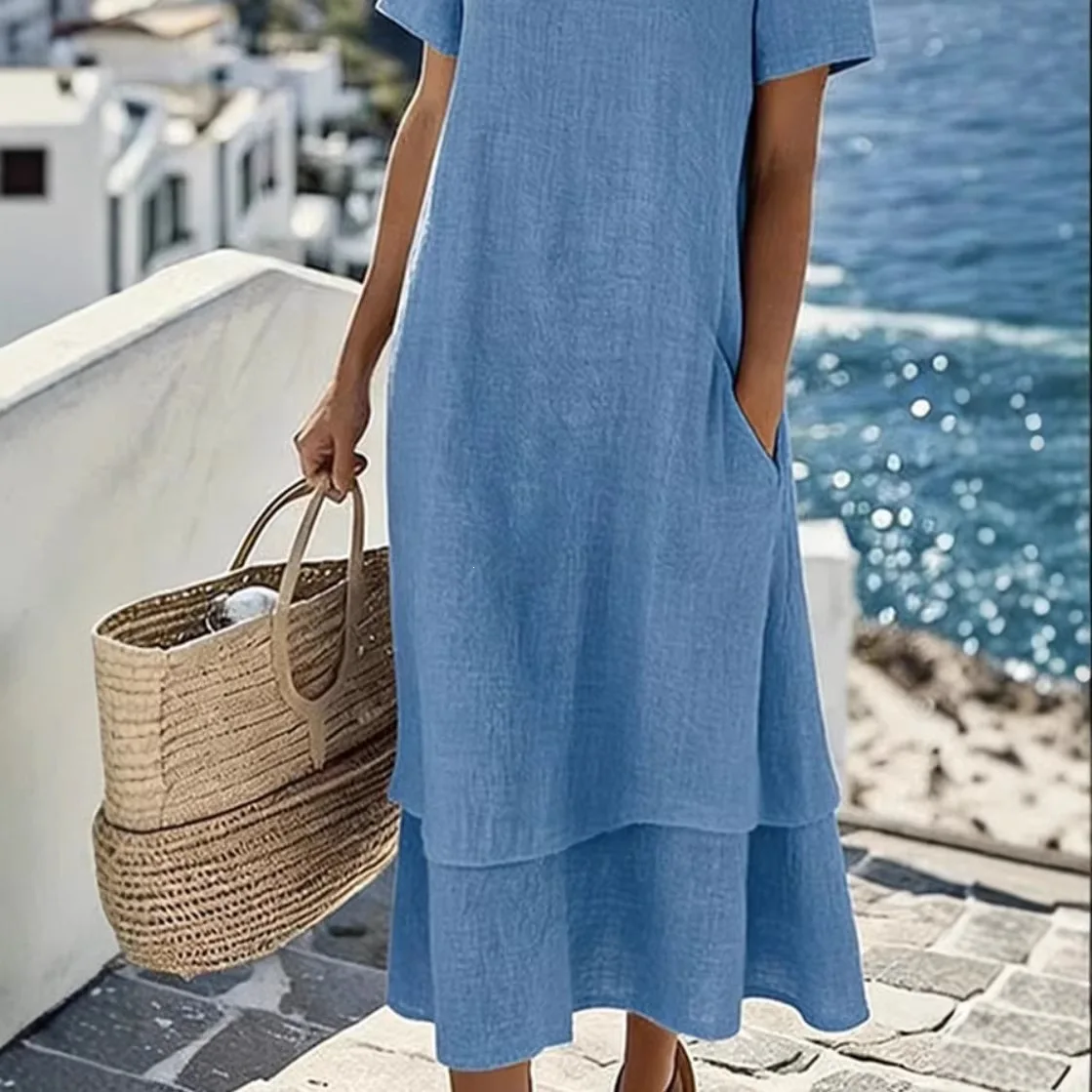 2026 Women's Spring/summer. Resort Random Double-layered Circular Neck Short-sleeve Clothes Maxi Sexy Vestidos