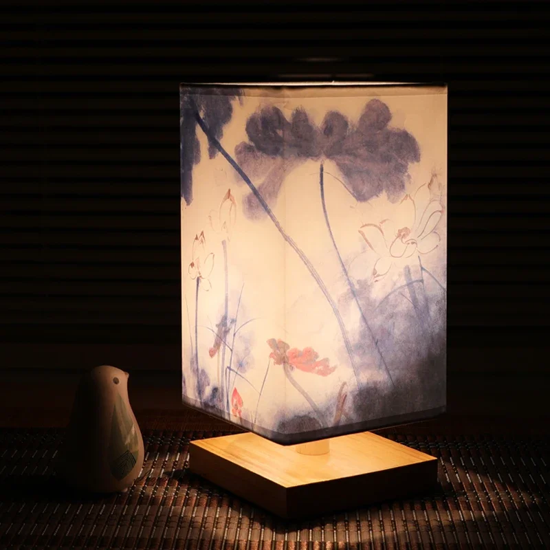 Wooden Table Lamp For Bedroom Living Room Vintage Landscape Painting Desk Lights Room Decoration E27 Personality Night Lights
