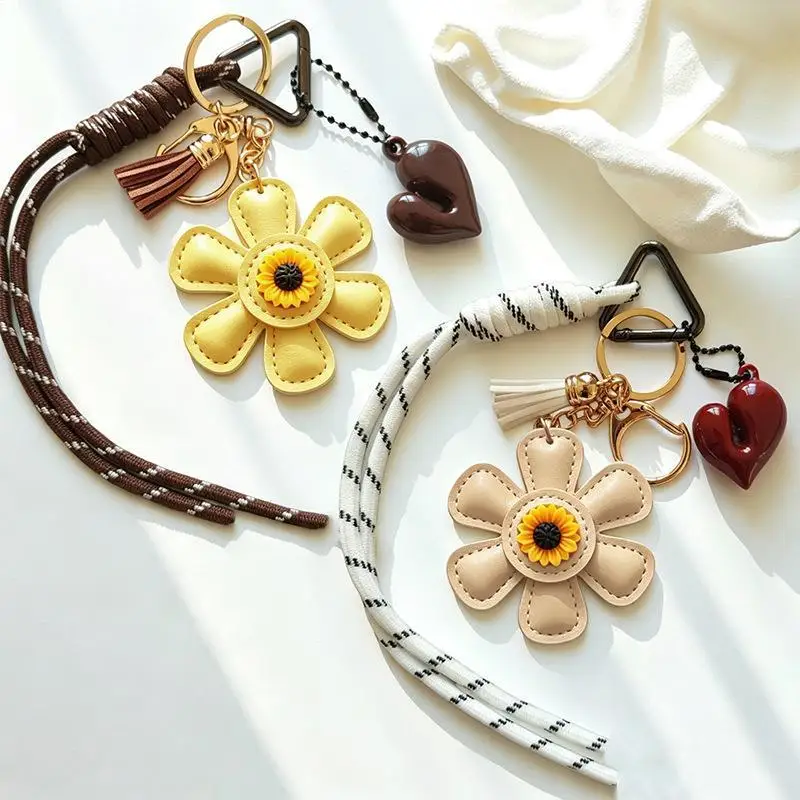 Quasten- und Blumen-Leder-Taschenanhänger, Schlüsselanhänger mit geflochtenem Band, süßes Accessoire für Damen, Taschen- und Schlüsselanhänger, Geschenk – Detail 2