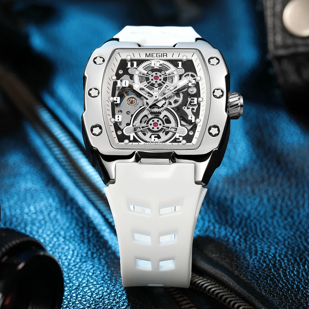 Megir Original For Mens Mechanical Wristwatch Male Fashion Automatic Watches Tonneau Case Dial Skeleton 2024 New Silicone Strap