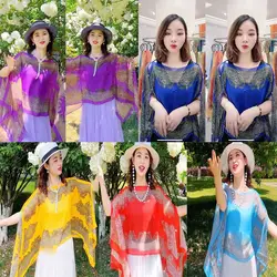 Female Women Multiple Color Long Sleeve Sunscreen Shawl False Collar Beach Shawl Chiffon Muffler Scarf Sunscreen Shawl Wrap