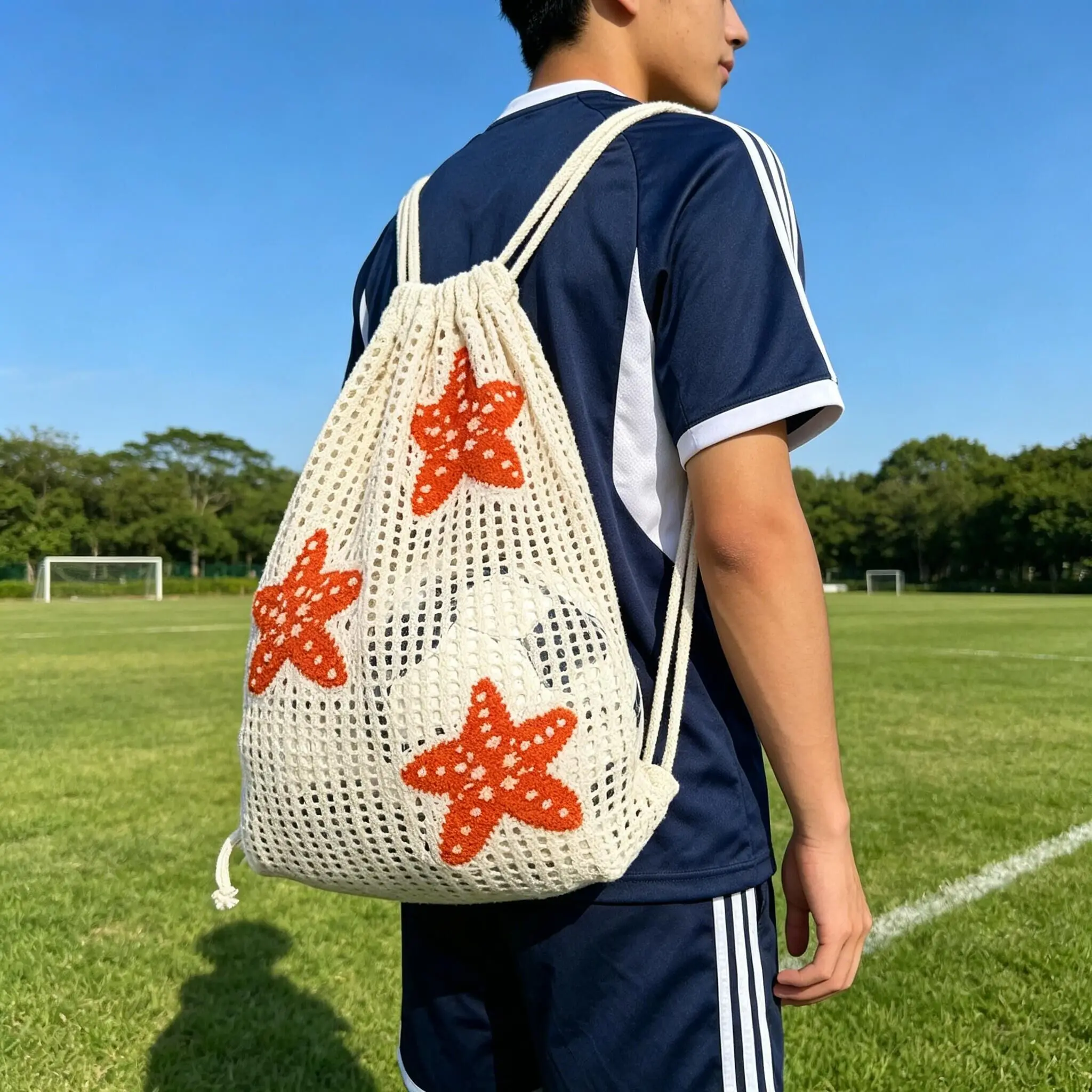 Fashionable Hollow-Out Starfish Embroidery Mesh Fashion Backpack - Large Capacity Drawstring, Orange Starfish Design, Can Hold Basketball, Soccer, and Camping Gear, Beige Polyester Fiber, Suitable for Outdoor Vacation Accessories, Casual Style, Multifunctional Storage Backpack, Perfect Holiday Storage Bag, Soccer Storage Gift, Celebration and Commemorative Gift Backpack, Unisex, Suitable for All Seasons