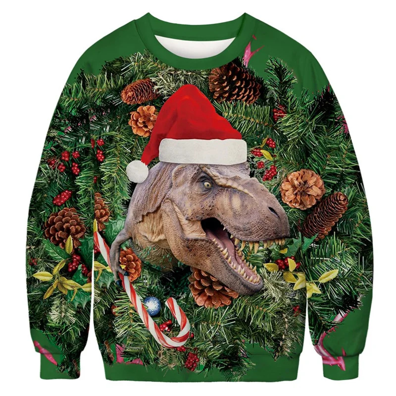 Hoodie Natal jelek baru kaus grafis dinosaurus pullover cetak 3D Fashion Pria Wanita Hoodie ukuran besar liburan Natal