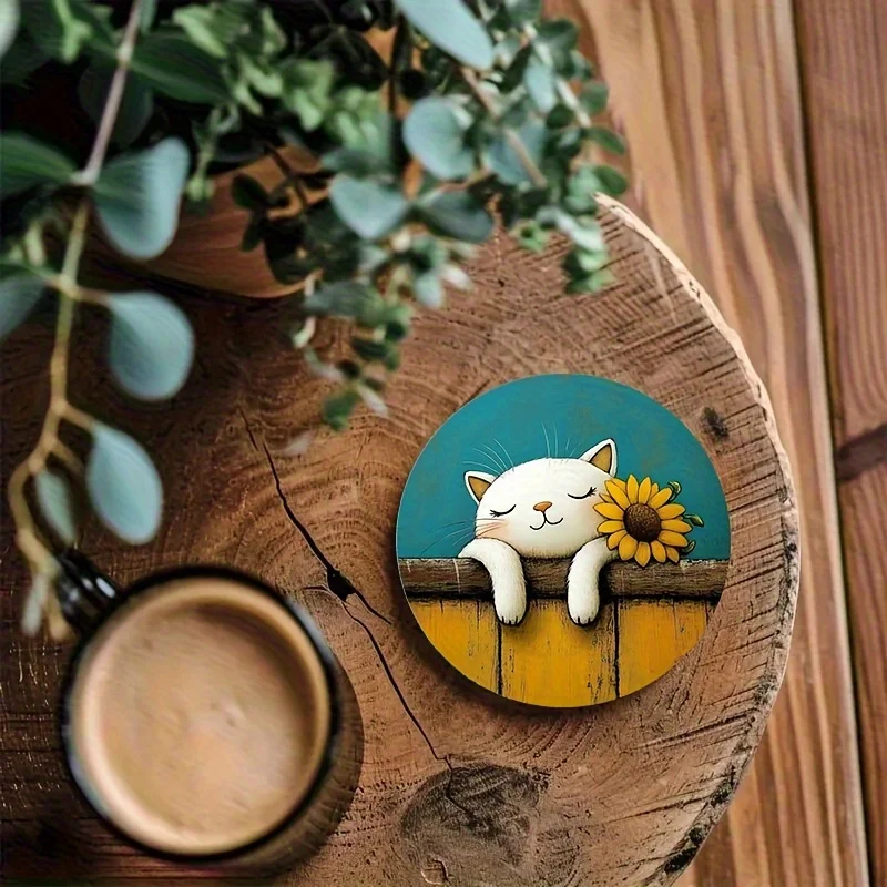 8PCS Cute Cat Sunflower Wooden Coasters Heat-Insulating Pads Tea Coffee Unique Home Decor Moving House Gift Protecting Tabletop