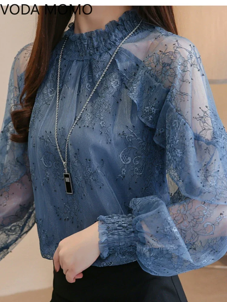 Ruffles Lace Blouse 2022 New Elegant Casual Printed Womens Tops and blouses Fashion Perspective Chiffon shirt women blusas