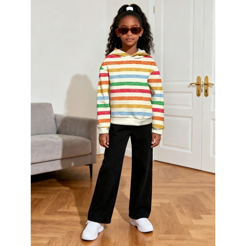 

2025 Girls Casual Fashion Rainbow Striped Hooded Sweatshirt