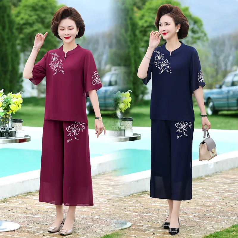 Retro Mother Summer Chiffon embroidery Top Skirt Pants Suit Short-Sleeved Middle-Aged and Elderly Women Two-Piece Sets Women