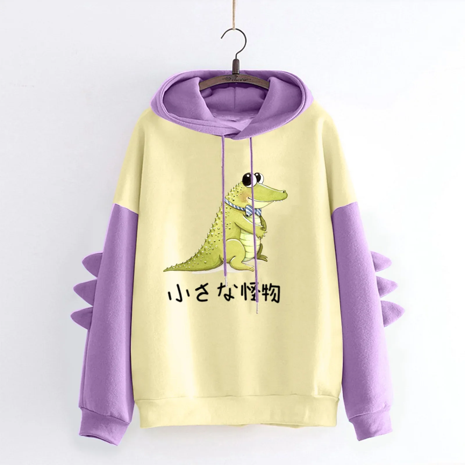 Casual Printed Hoodies Women Contrast Fashion Irregular Color Blocked Dinosaur Long Sleeved  Sweatshirts Cartoon Autumn Winter