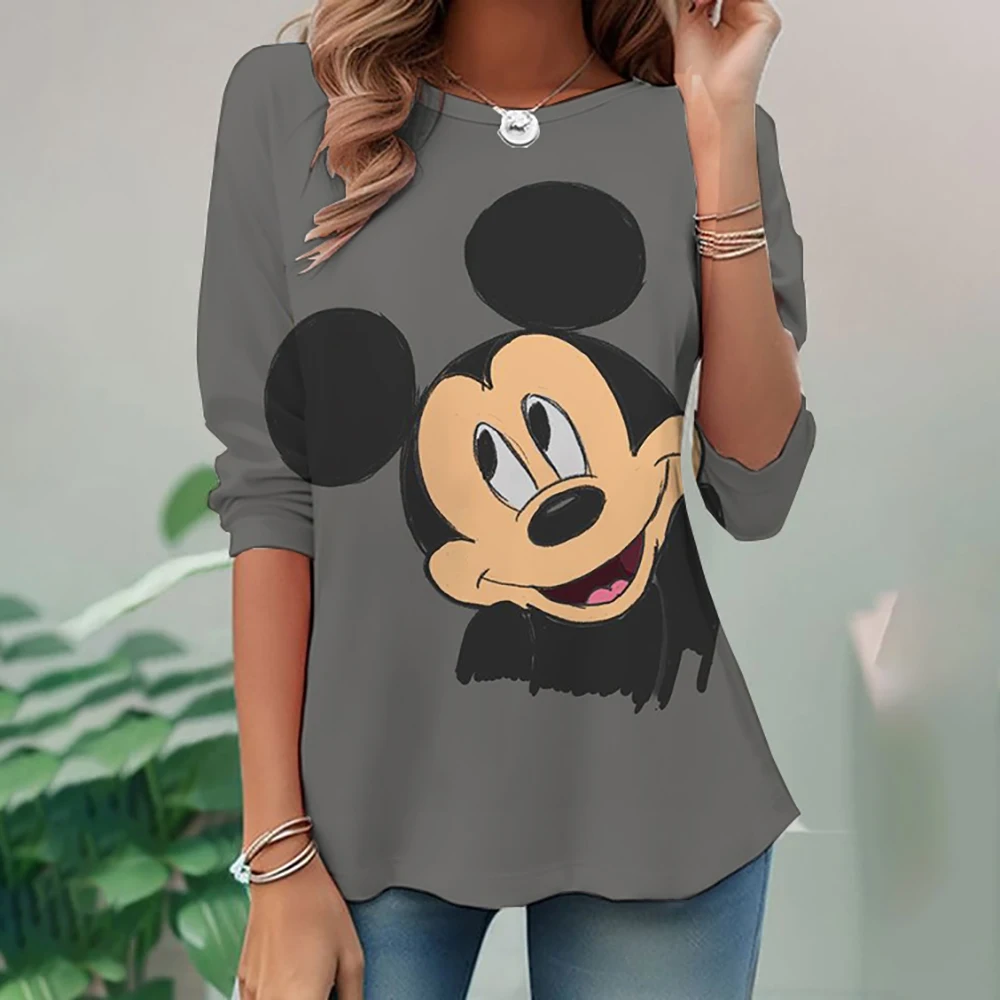 New Large Women's Long Sleeve Round Neck Waist Top T-shirt Disney Mickey Mouse Loose Casual Fashion Loose Women's Shirt Y2K