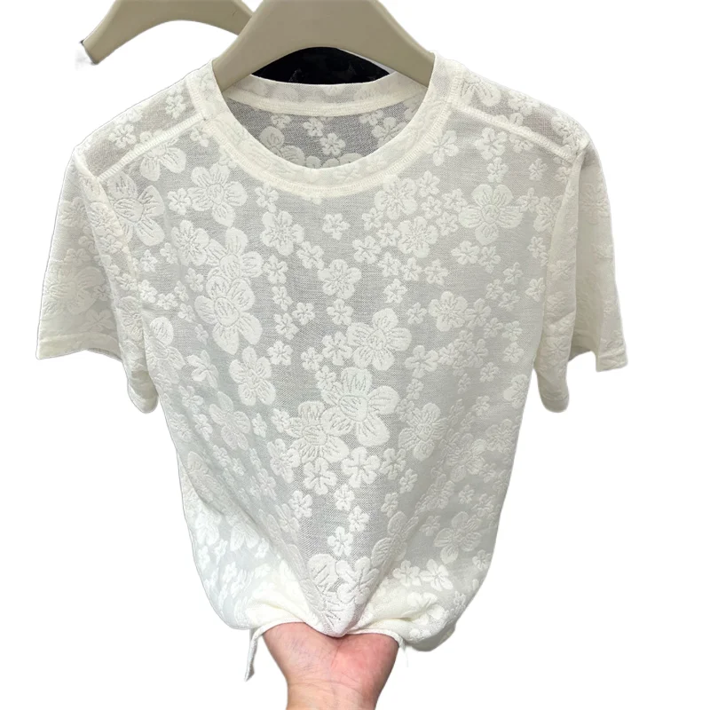 

Jacquard Short Sleeved T-shirt Korean Version Mesh Lightweight Lace Basic Tee Women 2025 Summer New O-neck Loose Versatile Top