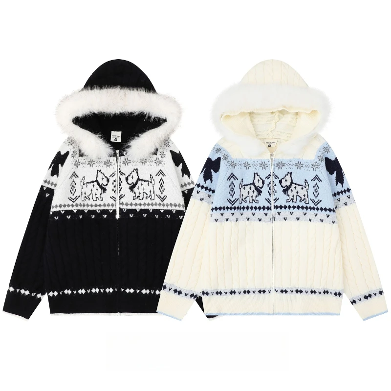 سترة نسائية كلاسيكية بقلنسوة من الفرو الصناعي الأمريكي سترة نسائية كبيرة الحجم مطبوعة برسومات كلاب لطيفة سترة متماسكة ملابس خارجية شتوية مريحة #6