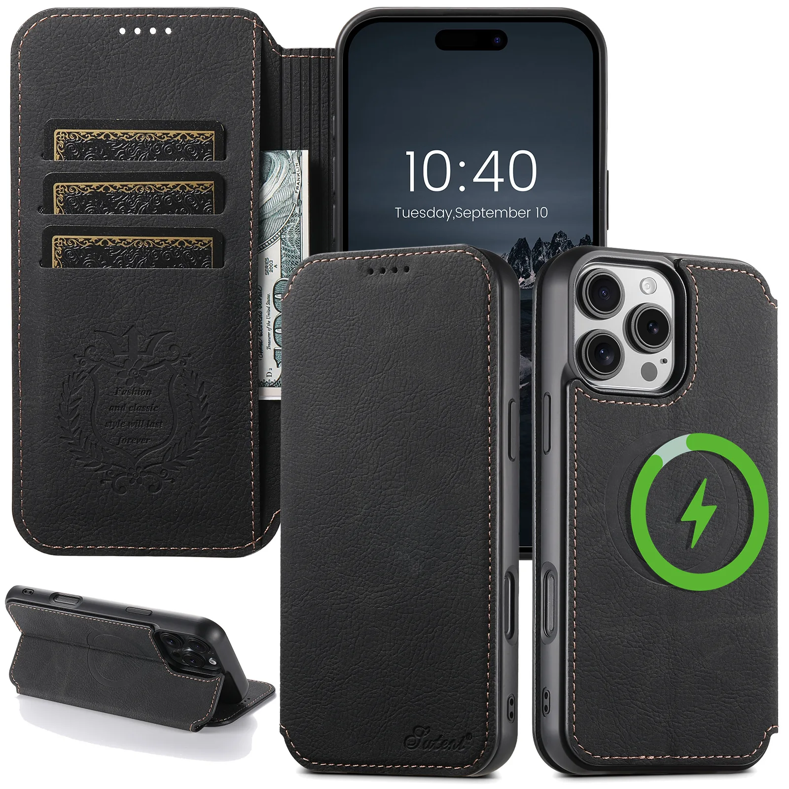 

Тонкий кожаный магнитный чехол премиум-класса с беспроводной зарядкой для iPhone 17, 16, 15, 14, 13, 12, Pro Max Plus, держатель для карт-бумажника, откидная крышка