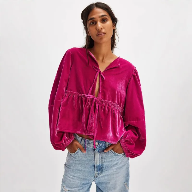 Velvet Solid Color Long Sleeved Shirt New Autumn Style Women's Sexy Hollow Out Strap Bubble Sleeve Casual Shirt Blusas De Mujer