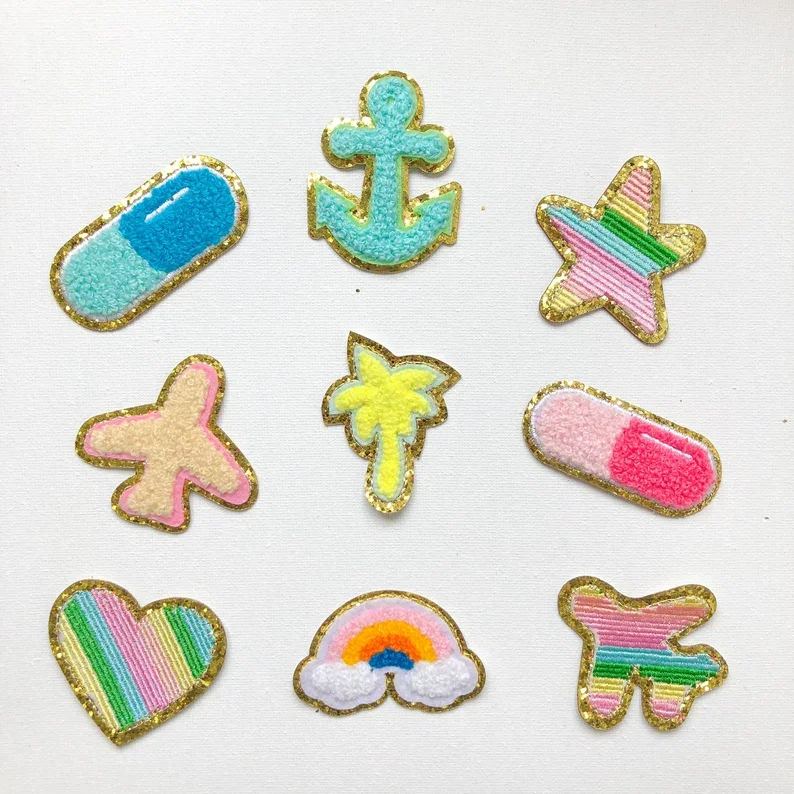 Parches bordados de chenilla con lentejuelas de Rayo de arcoíris de avión, parches de corazón/estrella para ropa