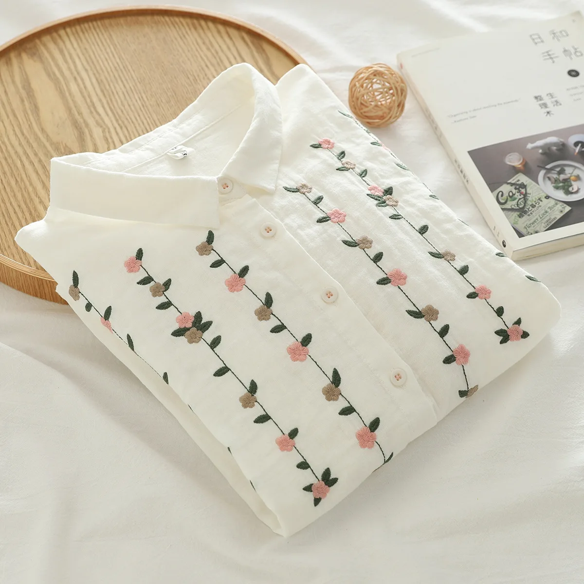 

Summer Mori Girl Flowers Vine Embroidery Double Layers Cotton Yarn Shirts Women Half Sleeve Turn Down Collar Casual Blouse Tops