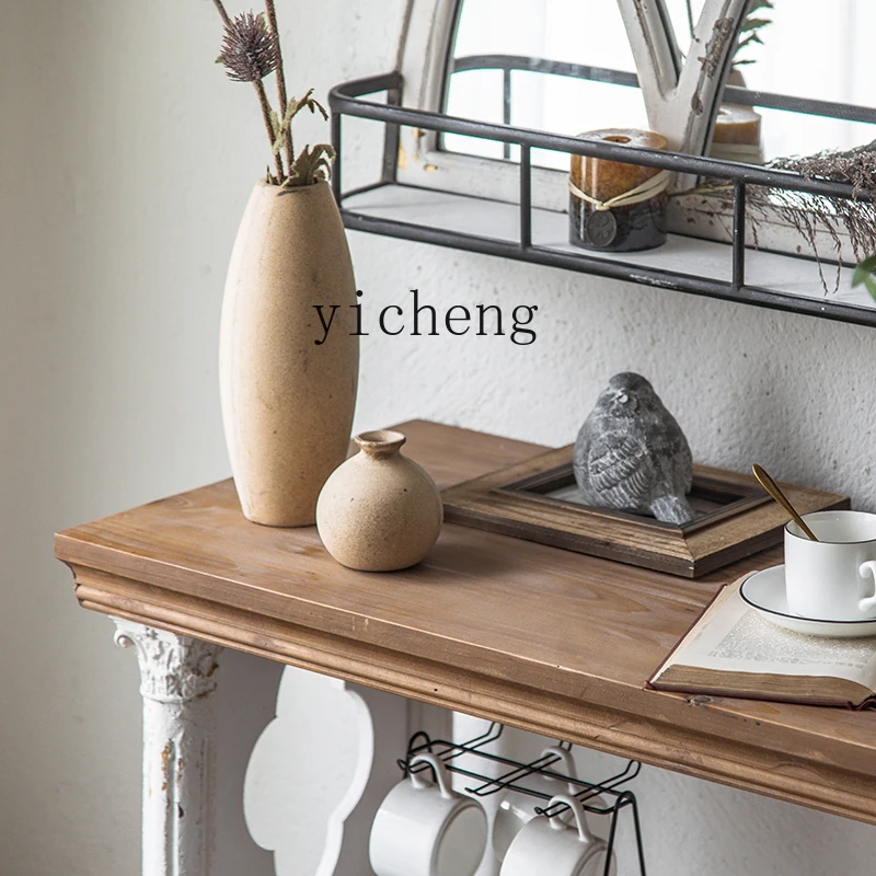 X-20 solid wood entrance table against the wall retro carved two-layer shelf floor-to-ceiling entrance table side table