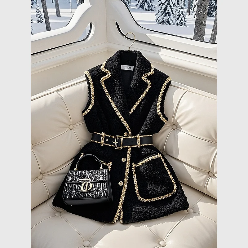 

Women's Black Lamb Fur Vest 2024 Winter Thickened Outerwear Layering Style Fashionable Commute Other Material 100% Universal Fit