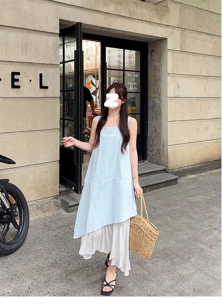 Dresses Sleeveless Womens To Wear A Wedding Summer Cotton Spaghetti Strap Halterneck Hollow-Out Cutout Side-Slit Colorful Simple