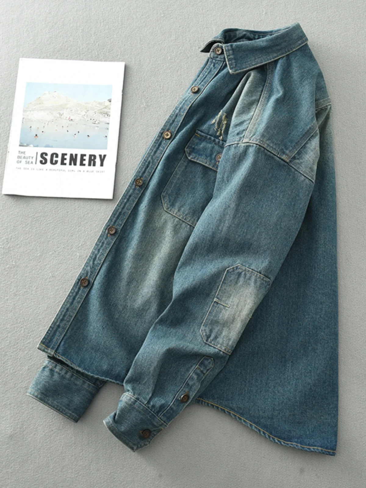 Retro American Washed Denim Shirt Men's Autumn Winter Loose Casual Jacket Coat Youth No Brand Classic Blue Long Sleeve Button up