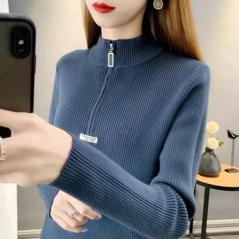 Autumn and Winter Women's Solid Color Half High Neck Long Sleeve Knitted Pullover Zipper Loose Plus Size Fashion Casual Tops