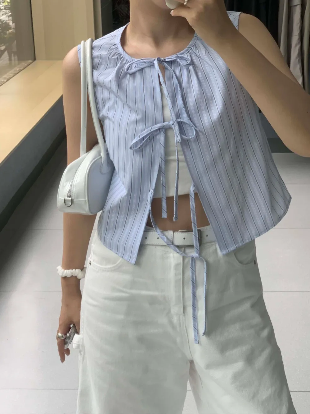 

Chic Summer Vintage Design round Ne Ribbon Knot Stripe Vest irt Women's Layering Versatile Horizontal Stripes