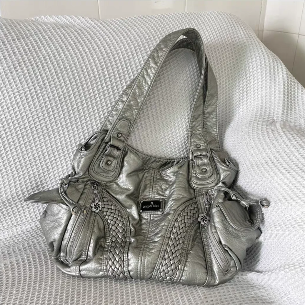 Vintage Grunge Silver Handbag For Women Fashion Luxury Y2k Big Underarm Bag Streetwear Rock Shoulder Bags Large Capacity 2024