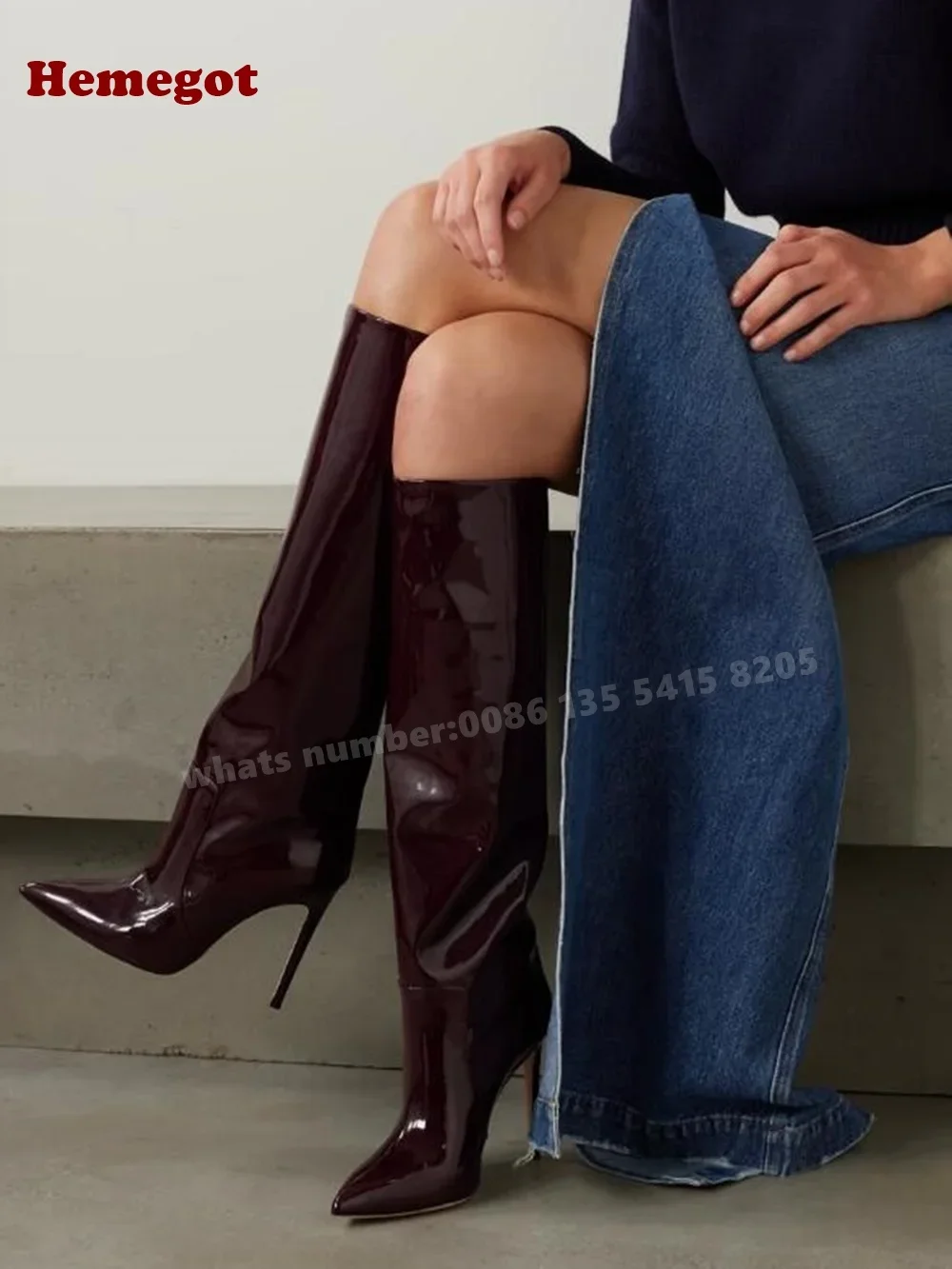 

Сапоги до колена из лакированной кожи на шпильке, бордовые, глянцевые, на тонком каблуке, женские высокие сапоги, зимняя однотонная новая дизайнерская обувь, 2021, пикантная обувь