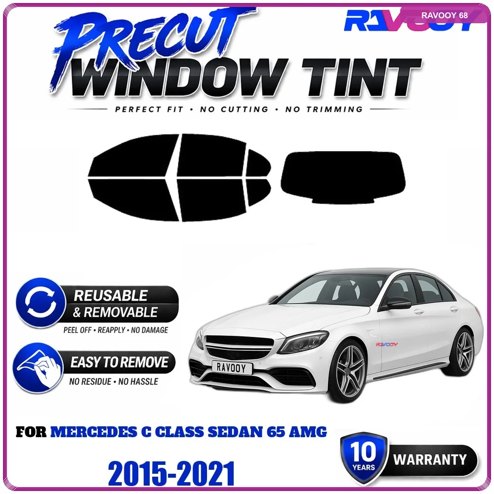 Precut Window Tint, Reusable Removable EPU Film, Custom Fit for Mercedes C Class Sedan 65 AMG 2015-2021, UV Heat Protection