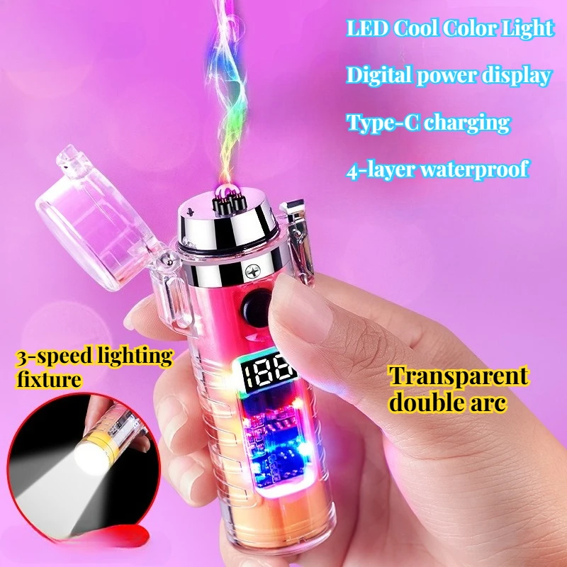 

2025 New Fashionable Transparent Shell Arc Lighter Portable Type-C Charging with Flashlight Men's Luxury Cigarette Lighter Gift